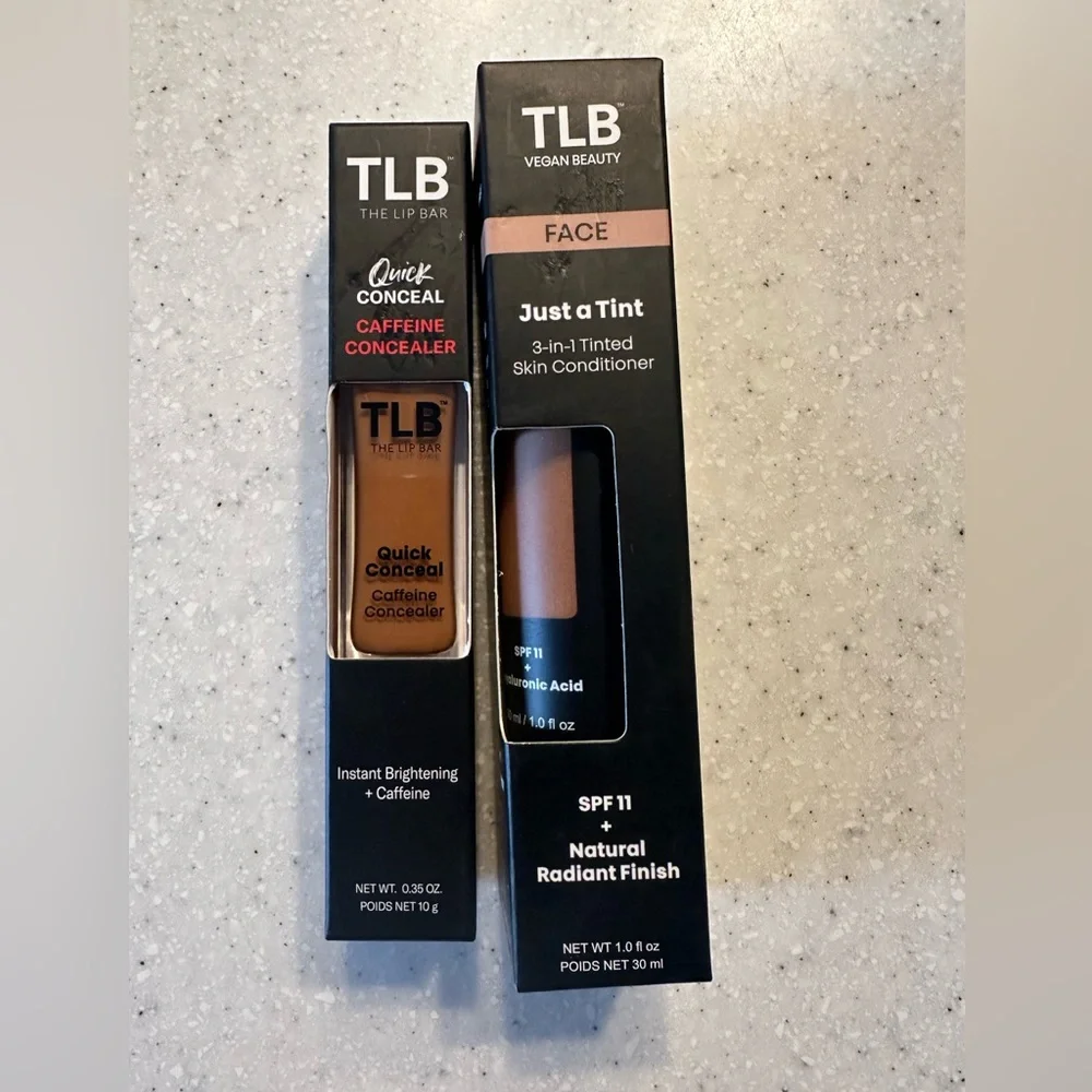 The Lip Bar TLP Quick Conceal Caffeine Cinnamon. Face Just Tint Honey Dip Vegan
